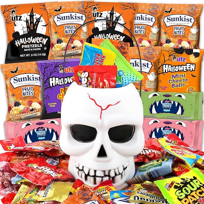 Halloween Gifts Skull White Bucket Filled with Assorted Candies 1 Lb